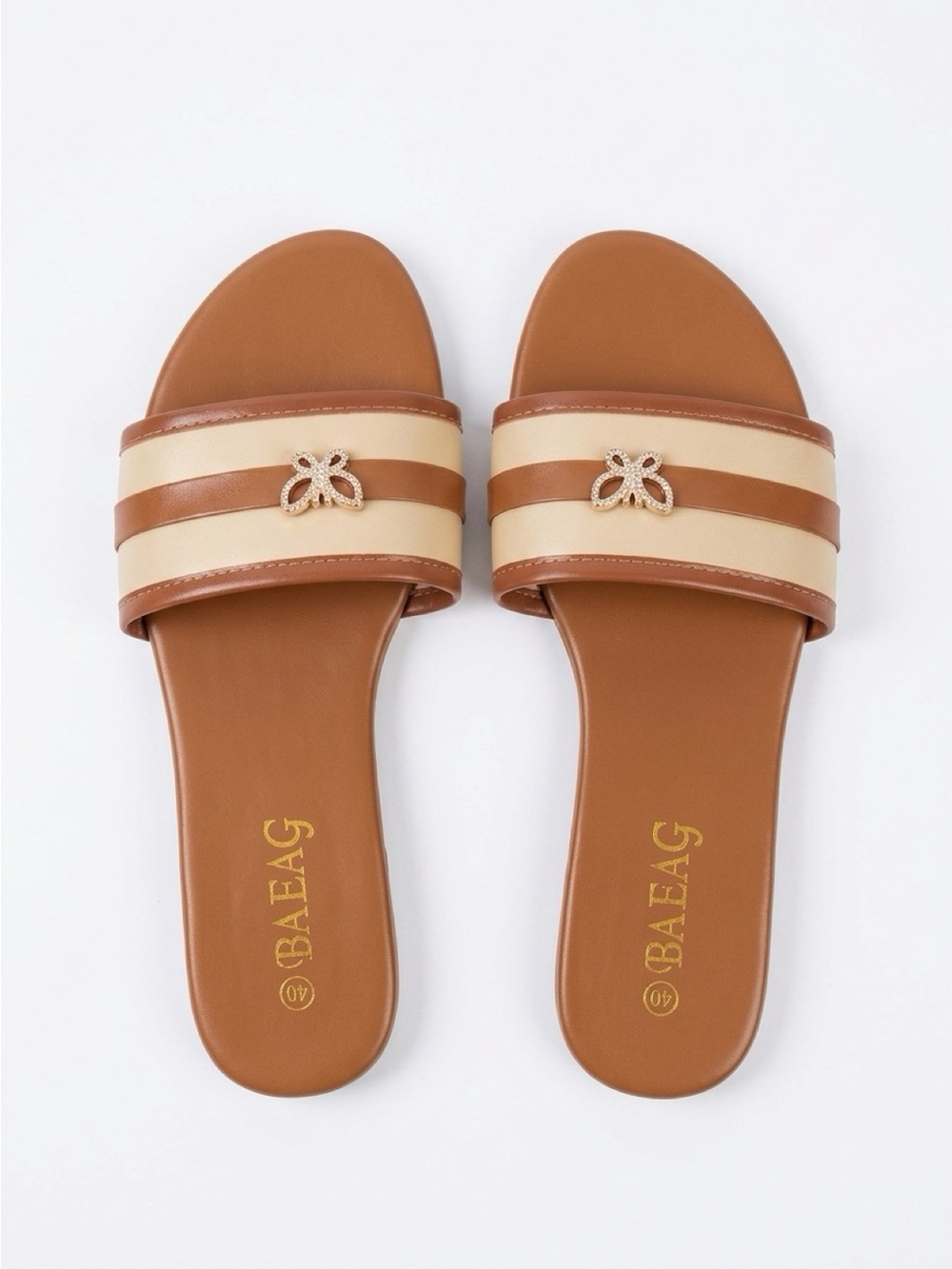 No Boundaries Tan and Cream Slide Sandals with Gold Accent